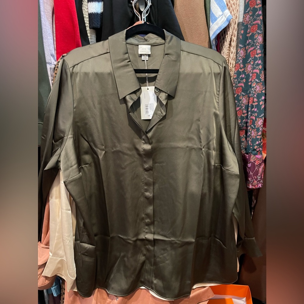 NWT olive green satin like button down